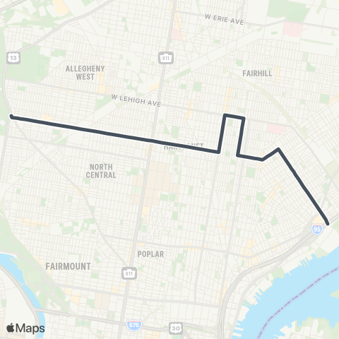 SEPTA Richmond-Cumberland to 33rd-Dauphin map