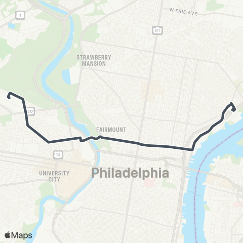 SEPTA Richmond-Cumberland to 50th-Parksde map