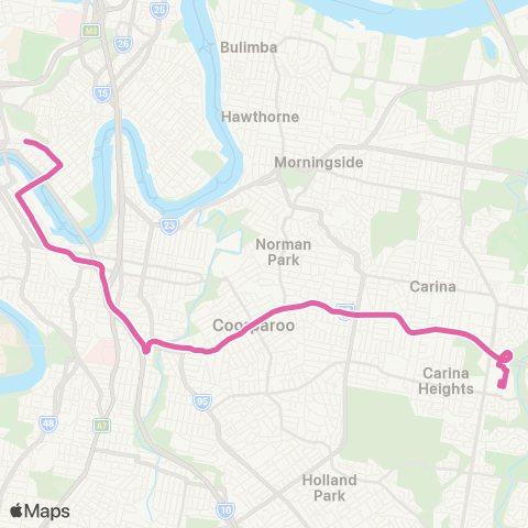 TransLink Carindale - City Exp via Eastern Busway map