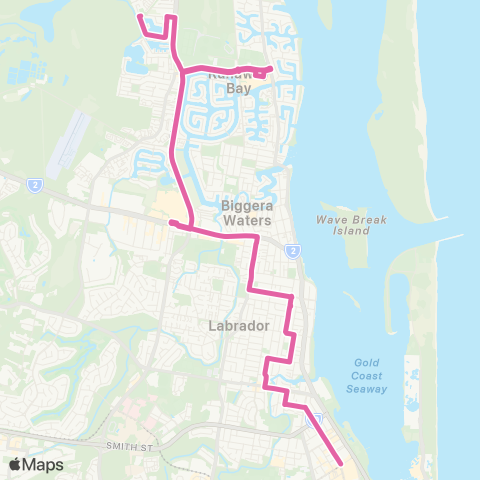 TransLink Southport - Coombabah via Harbour Town map