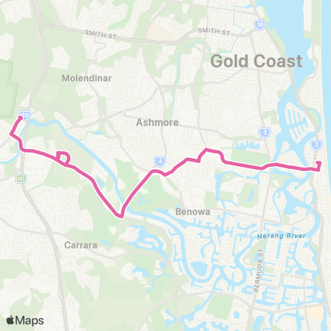 TransLink Surfers Paradise - Nerang via Ashmore map