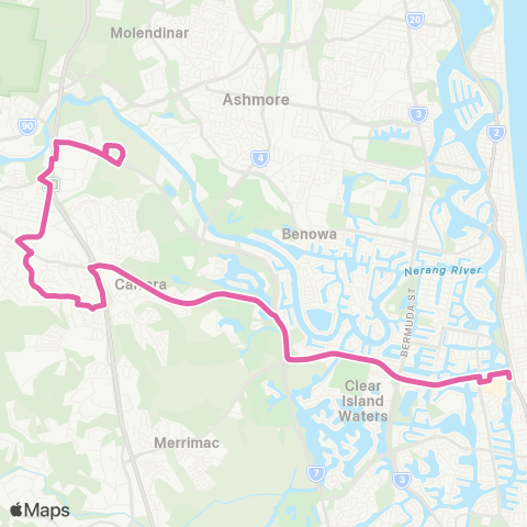 TransLink Broadbeach - Nerang via Highland Park map