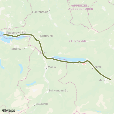 Schweizerische Südostbahn Rapperswil SG - Sargans map