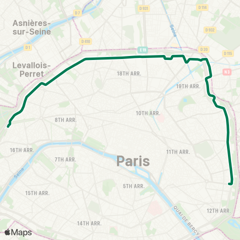 Île-de-France Mobilités Porte d'Asnières ↔︎ Porte de Vincennes map