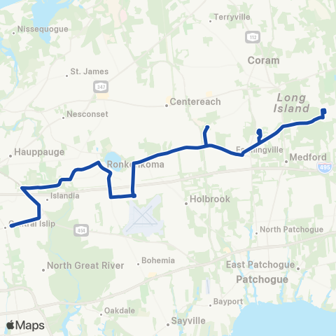 Suffolk County Transit Central Islip Long Island Railroad Sta to Gordon Hts via Brookhaven Town Hall map