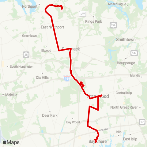 Suffolk County Transit Bay Shore to Northport Veterans Affairs Medical Ctr map