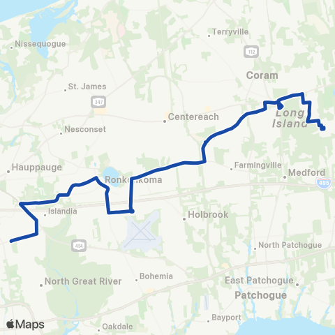 Suffolk County Transit Central Islip Long Island Railroad Sta to Gordon Hts via Coram Plaza map