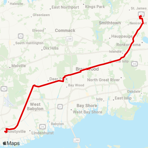 Suffolk County Transit Amityville Long Island Railroad Sta to Central Islip Long Island Railroad Sta to Smith Haven Mall map