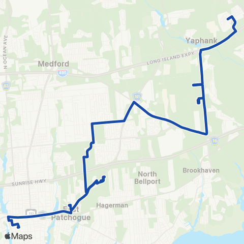 Suffolk County Transit Patchogue Long Island Railroad Sta to Yaphank Correctional Facility map