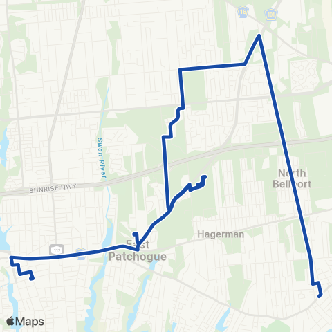 Suffolk County Transit Patchogue Long Island Railroad Sta to Bellport map