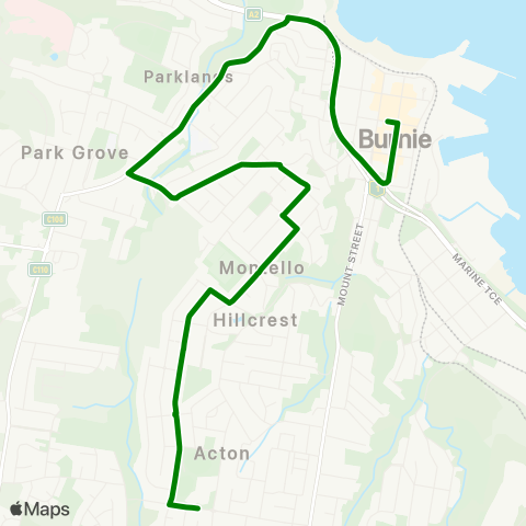 Metro Tasmania Acton via Upper Burnie map