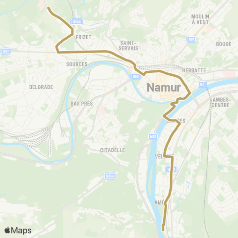 TEC Namur-Luxembourg Jambes (Amée) - St-Servais (Beau-Vallon) map