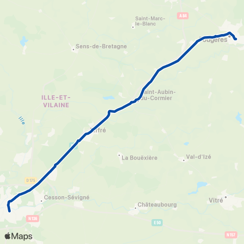 TER Auvergne-Rhône-Alpes Rennes - Fougères map