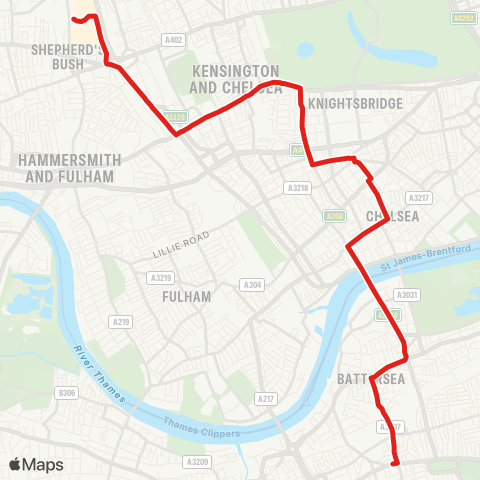 TfL Clapham Jct - Battersea - Chelsea - S Kensington - Gloucester Rd - Kensington High St - Shepherd's Bush - White City map
