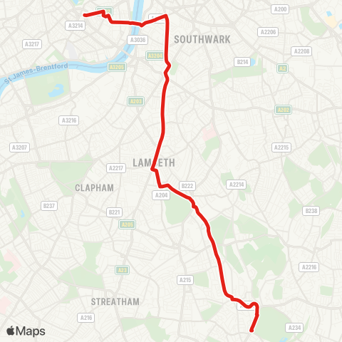 TfL Victoria Bus Sta - Westminster - Lambeth Palace - Kennington Pk - Brixton - Herne Hill - W Dulwich - Crystal Palace map