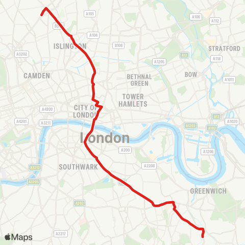 TfL Lewisham, Shopping Ctr - New Cross - Old Kent Rd - Bricklayers Arms - Great Dover St - London Bridge - Bank - Moorgate - Old St - Hoxton - Canonbury - Holloway, Nags Head map