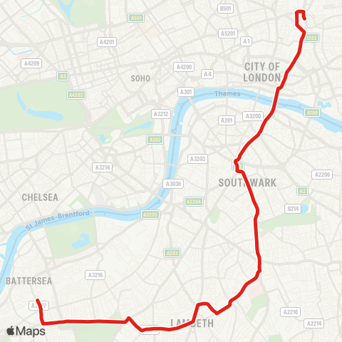 TfL Clapham Jct - Clapham Common - Brixton - Loughborough Jct - Camberwell - Elephant & Castle - London Bridge - Liverpool St - Shoreditch map