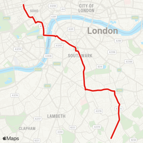 TfL Oxford Circus - Westminster - Elephant & Castle - Camberwell - Peckham - Dulwich Library map