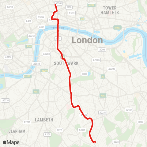 TfL Dulwich Library - E Dulwich - Denmark Hill - Camberwell Green - Elephant & Castle - Southwark Sta - Blackfriars - Farringdon - Clerkenwell Green map