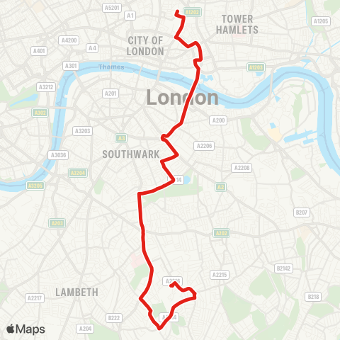 TfL E Dulwich, Sainsbury's - Denmark Hill - Camberwell Green - E St - Tower Bridge - Aldgate - Liverpool St map