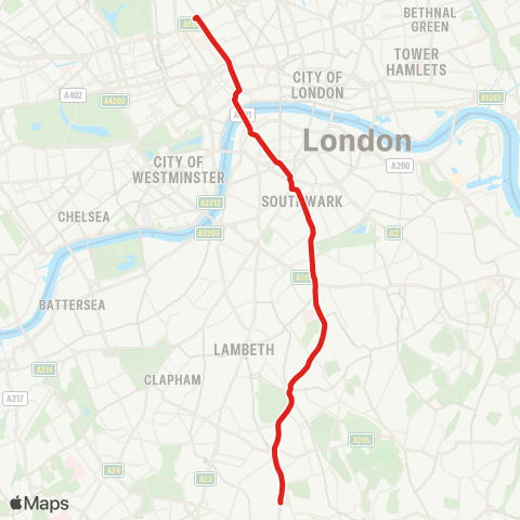 TfL W Norwood - Tulse Hill - Herne Hill - Denmark Hill - Camberwell - Elephant & Castle - Waterloo - Holborn - Euston map