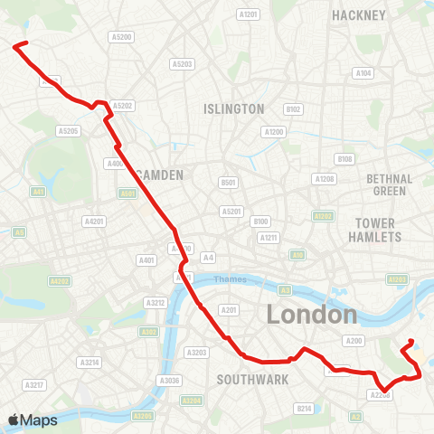 TfL Hampstead Heath - Camden Town - Euston Sta - Aldwych - Waterloo - Elephant & Castle - Bermondsey - Surrey Quays - Canada Water map