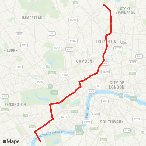 TfL Finsbury Pk Sta - Highbury & Islington - Holborn - Piccadilly Circus - Hyde Pk Corner - Sloane Square - Battersea Bridge, S Side map