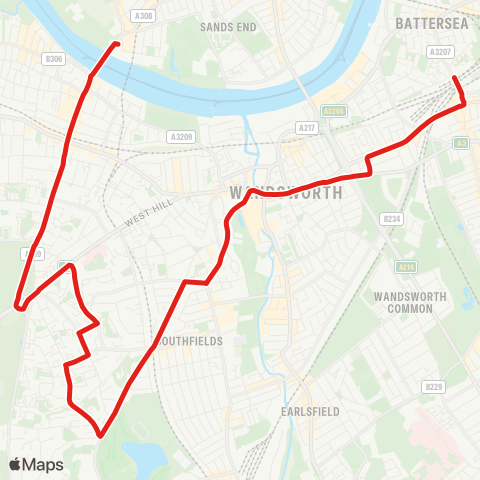 TfL Putney Bridge - Putney High St and Sta - Putney Heath - Southfields Sta - Wandsworth - E Hill - Clapham Jct map