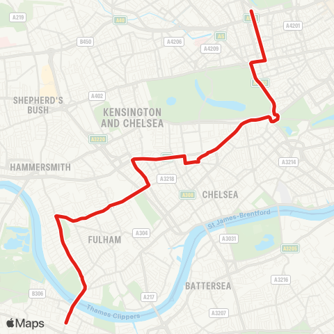 TfL Putney, High St - Putney Bridge - Fulham Cross - W Brompton - Earls Court - S Kensington - Knightsbridge - Hyde Pk Corner - Marble Arch - Baker St Sta map