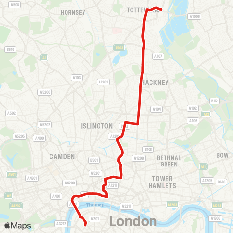 TfL Tottenham Hale - Stamford Hill - Stoke Newington - Dalston - Hoxton - Moorgate - London Wall - St Paul's - Aldwych - Waterloo map