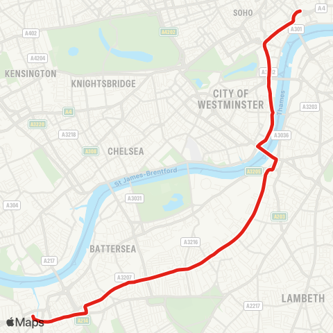 TfL Wandsworth - E Hill - Clapham Jct - Lavender Hill - Wandsworth Rd Sta - Nine Elms Sta - Vauxhall - Millbank - Westminster - Trafalgar Square - Aldwych map