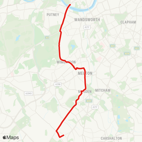 TfL N Cheam - Morden - Wimbledon - Putney Heath - Putney Bridge map