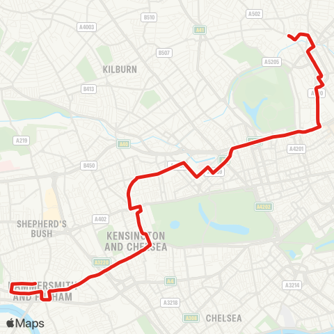 TfL Hammersmith Grove - Kensington Olympia - High St Kensington - Notting Hill Gate - Westbourne Grove - Paddington - Baker St Sta - Warren St Sta - Camden Town - Chalk Farm map