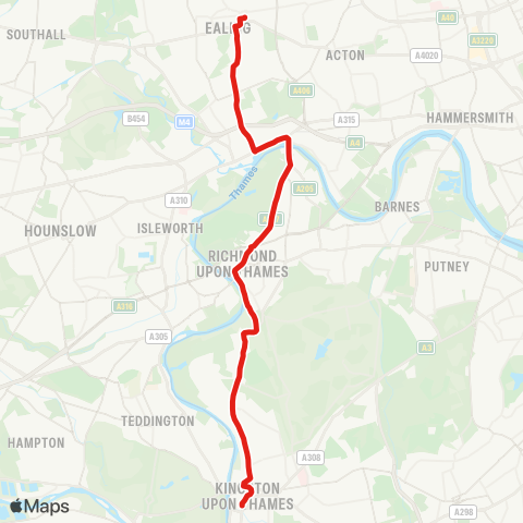 TfL Kingston - Ham - Petersham - Richmond - Kew Rd - Kew Bridge - Brentford - S Ealing - Ealing Bway map