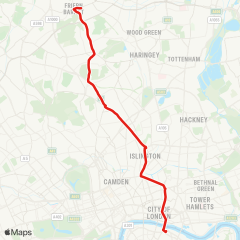 TfL Friern Barnet - Muswell Hill - Highgate - Archway - Holloway Rd - Islington - Moorgate - London Bridge map