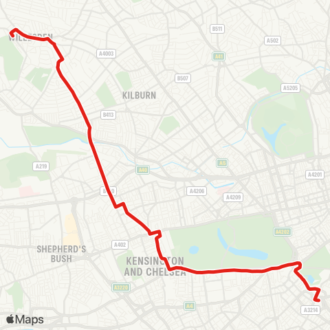 TfL Victoria - Hyde Pk Corner - Royal Albert Hall - Notting Hill Gate - Ladbroke Grove - Kensal Rise - Willesden, Bus Garage map