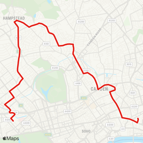 TfL Paddington - Warwick Av - Maida Vale - Swiss Cottage - Hampstead - Kentish Town W - Camden - King's Cross - Bart'S Hosp map