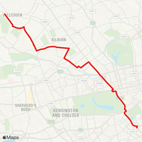 TfL Willesden, Bus Garage - Donington Rd - Kensal Rise - Queens Pk - Carlton Vale - Maida Hill - Warwick Av Sta - Edgware Rd - Marble Arch - Victoria map