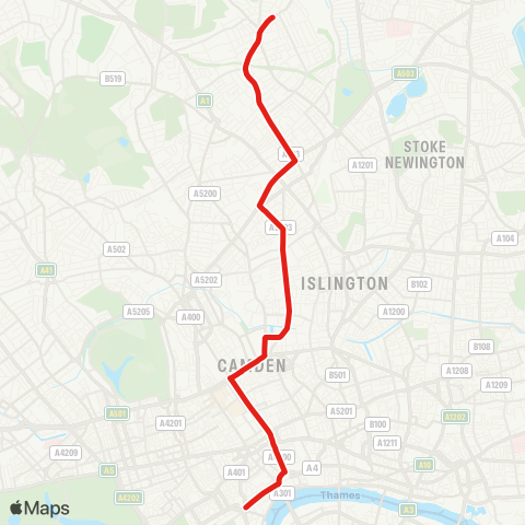 TfL Crouch End - Hornsey Rise - Nags Head - Caledonian Rd - King's Cross - Euston - Russell Square - Holborn - Trafalgar Square map