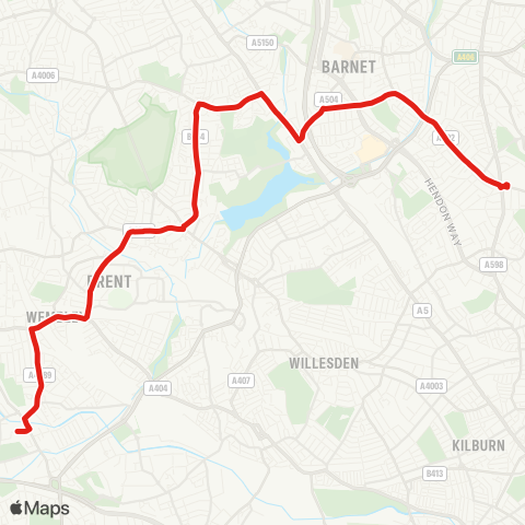 TfL Golders Green - Woodstock - Hendon Central - W Hendon - Kingsbury Green - Blackbird Cross - Wembley Pk, Stadium and Central - Alperton Sta and Sainsburys map