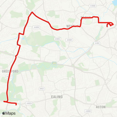 TfL Ealing Hosp - Greenford Town Ctr, Sta and Qy - Sudbury - Wembley Central and Stadium - Brent Pk Superstores - St Raphael's N map