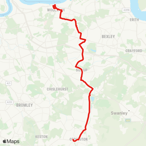 TfL Woolwich - Plumstead Common - Welling - Blackfen - Sidcup - Foots Cray - St Mary Cray - Orpington Town Ctr and Sta map