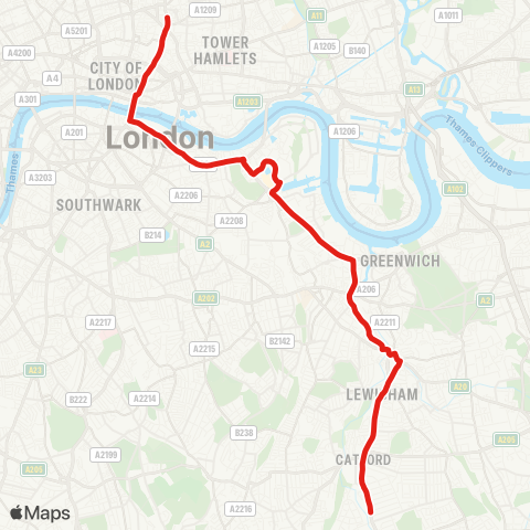 TfL Bellingham, Catford Bus Garage - London Bridge - Shoreditch map