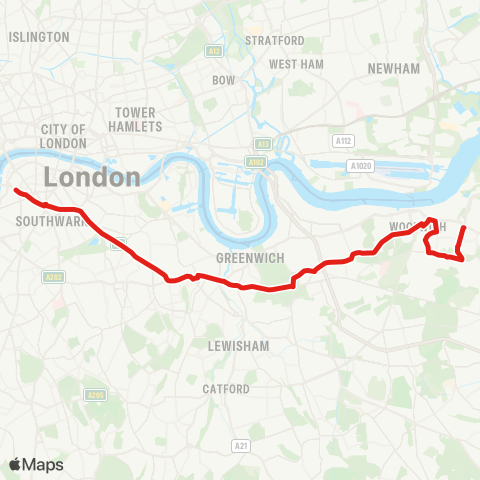 TfL Plumstead Sta - Plumstead Common - Woolwich - Charlton Village - Blackheath - New Cross - Elephant & Castle - Lambeth N, Lower Marsh map