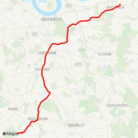 TfL Elmers End - Beckenham - Woolwich map