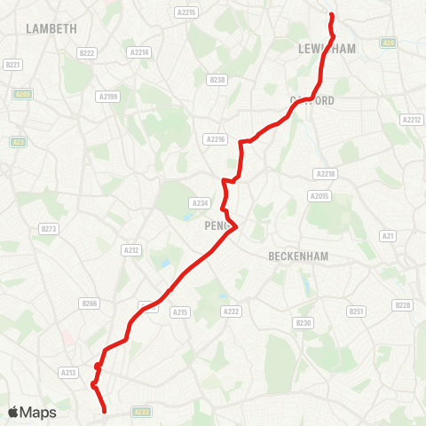 TfL Lewisham Sta - Catford - Perry Vale - Mayow Rd - Sydenham - Penge E Sta - Penge - Anerley Rd - Norwood Jct - Selhurst - Croydon, Town Ctr map