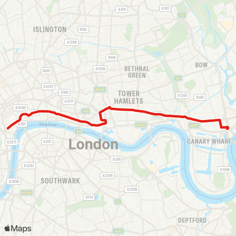 TfL Blackwall - All Saints - Limehouse - Stepney - Aldgate - Tower Hill - Cannon St - St Paul's Cathedral - Aldwych - Trafalgar Square map