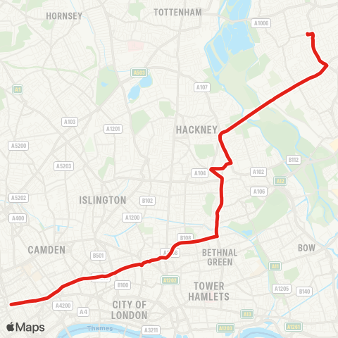 TfL Walthamstow Central - Bakers Arms - Lea Bridge Rd - Clapton - Hackney Central - Cambridge Heath - Shoreditch - Old St - Clerkenwell - Bloomsbury - Oxford Circus map