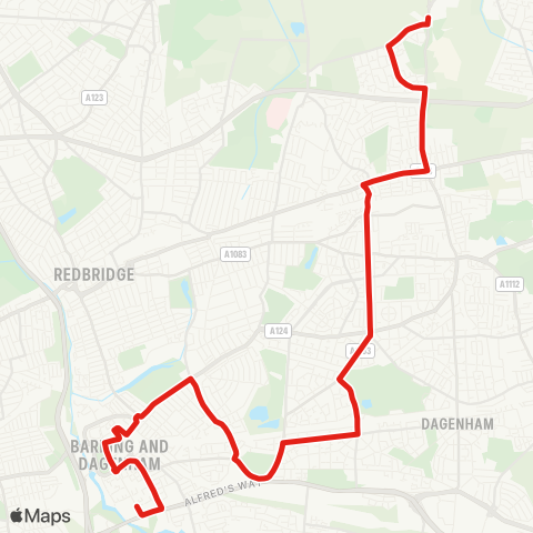 TfL Marks Gate - Chadwell Heath - Martins Corner - Becontree - Upney - Faircross - Barking - Barking, Gascoigne Rd map