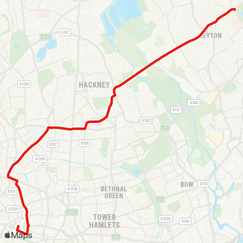 TfL Whipps Cross - Bakers Arms - Lea Bridge Rd - Clapton - Dalston - Essex Rd - Angel - Barbican - Bart's Hosp map